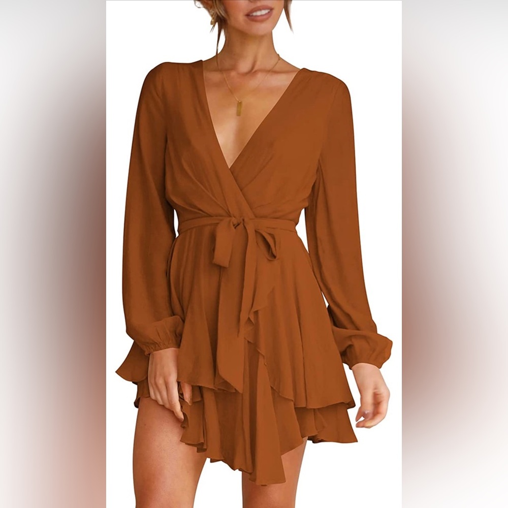 COPY - Women's Dress Deep V-Neck Long Sleeve Waist Tie Ruffle Mini Swing Skater…